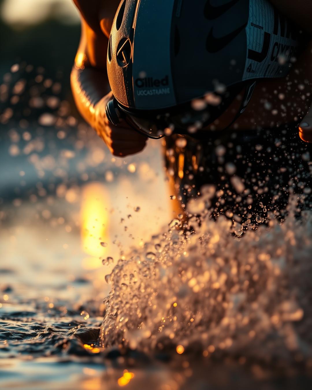 Triathlete crossing water spray at sunset